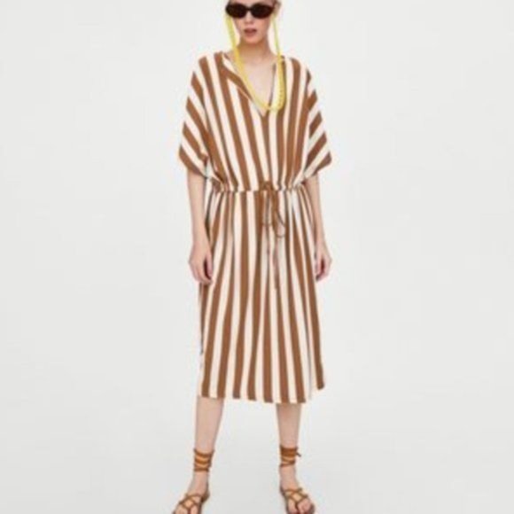 Zara STRIPED TUNIC DRESS Brown White Ecru Striped Tunic Dress - Picture 1 of 9